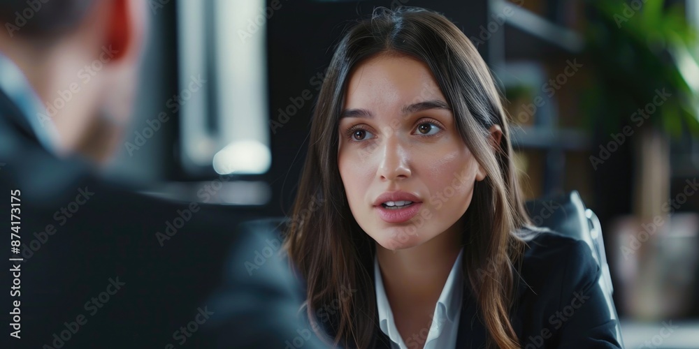 A professional woman in a business suit has a conversation with a suited man, possibly discussing work-related matters A professional woman in a business suit has a conversation with a suited man, possibly discussing work-related matters