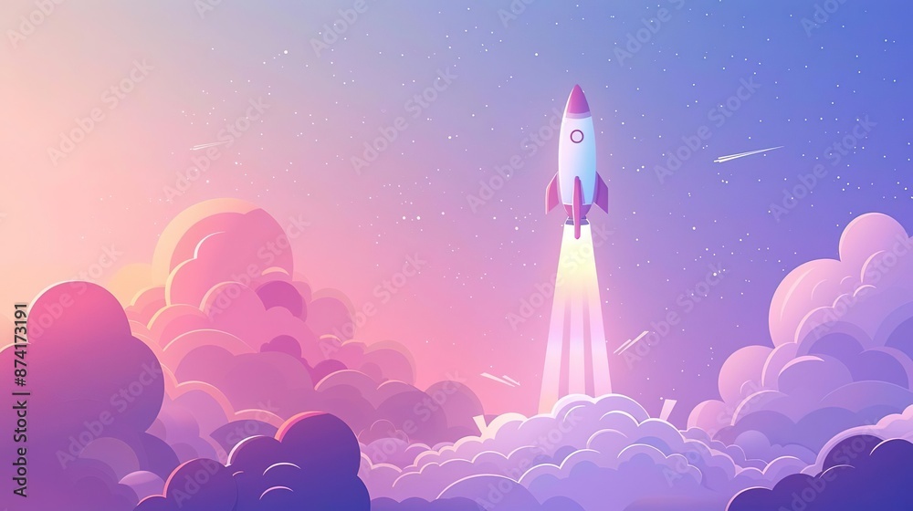 Rocket launch illustration with vibrant colors and clouds. Rocket launch illustration with vibrant colors and clouds.