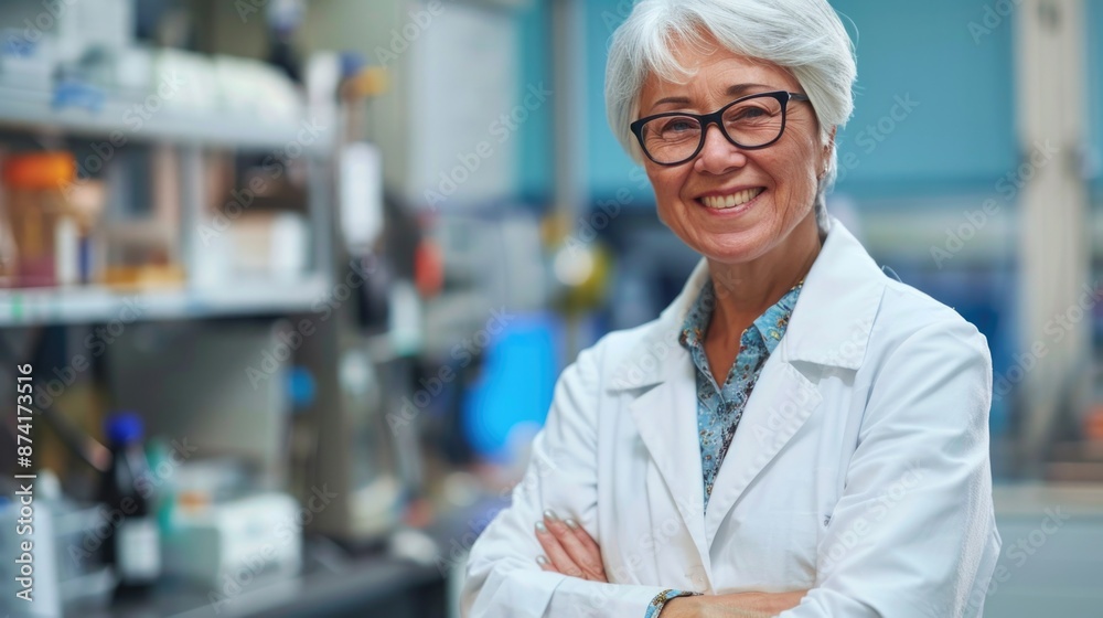 A woman wearing a lab coat stands in front of a shelf, ready to work