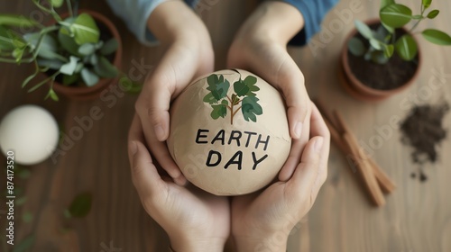 Hands holding a paper globe with 'Earth Day' text, symbolizing environmental awareness and celebration of nature conservation. photo