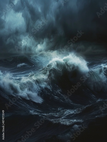 A massive wave crashing through the darkness of the ocean