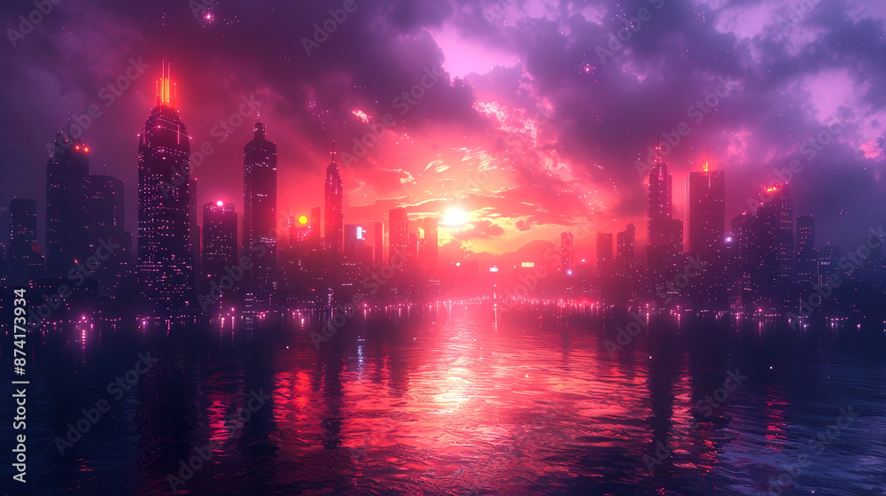 Fototapeta premium photo of cities on evening style color orange and red