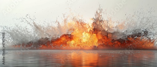 Fiery explosion with water splash.