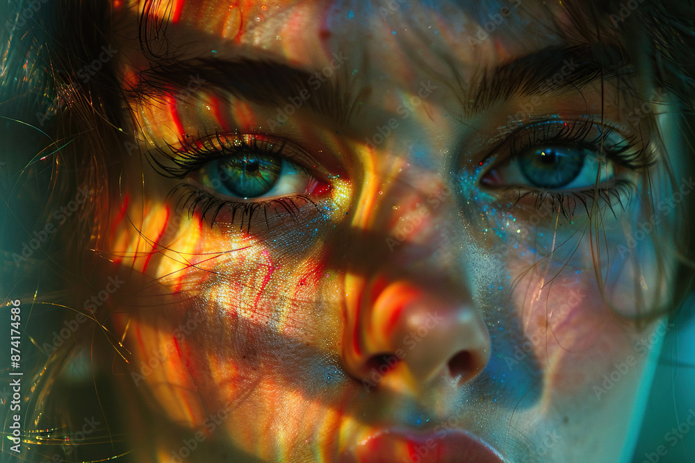 Close-up of a beautiful female face with long eyelashes in the sunshine. Generated by artificial intelligence Close-up of a beautiful female face with long eyelashes in the sunshine. Generated by artificial intelligence