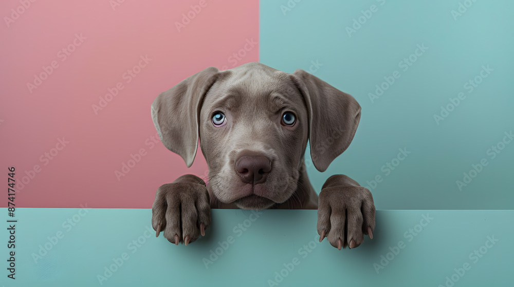 Cute grey Weimaraner with a curious expression peeking over the pastel blue and pink wall against a simple studio background. Cute grey Weimaraner with a curious expression peeking over the pastel blue and pink wall against a simple studio background.