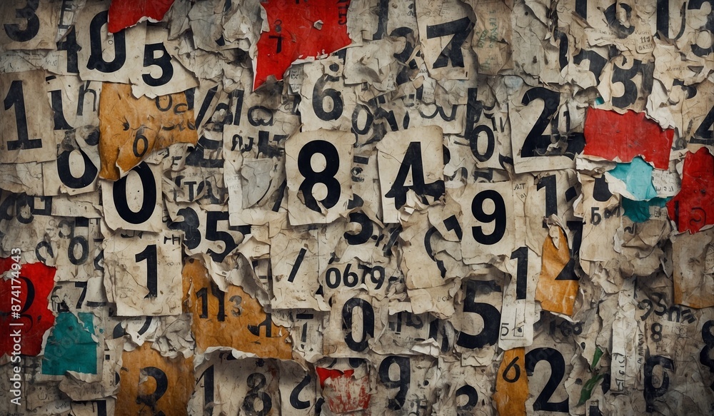 Obraz premium Abstract artwork with numbers on torn paper backdrop