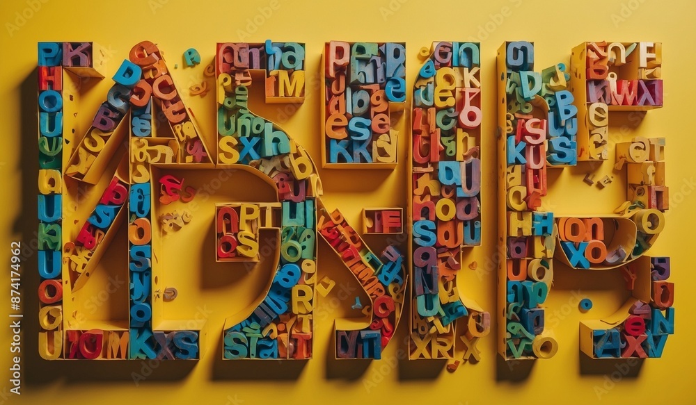 Colorful letters densely arranged on yellow background. Colorful letters densely arranged on yellow background.