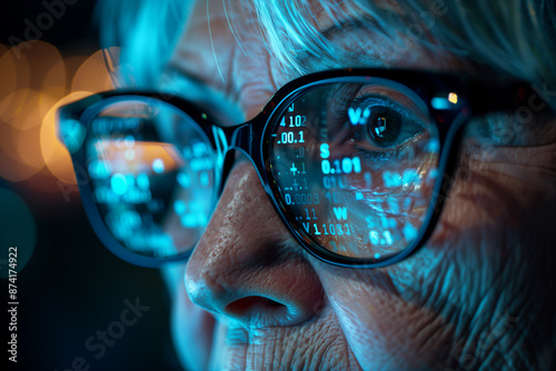 Close-up of a senior's face with digital data reflected in the glasses