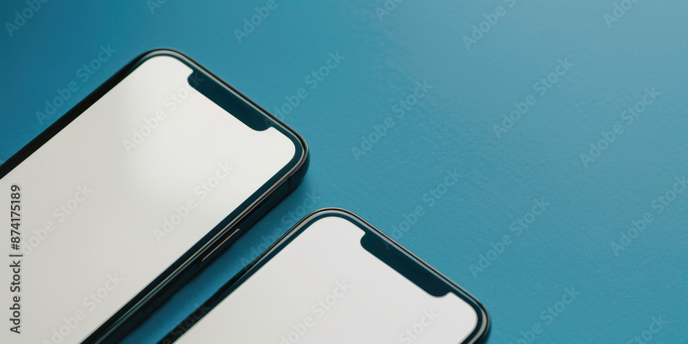 Two smartphones placed together on a blue surface, ideal for comparison or demonstration purposes Two smartphones placed together on a blue surface, ideal for comparison or demonstration purposes