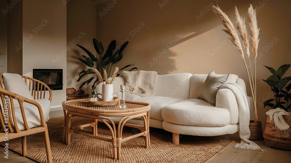 Scandinavian living room design with rattan table, pampas and white sofa on beige background