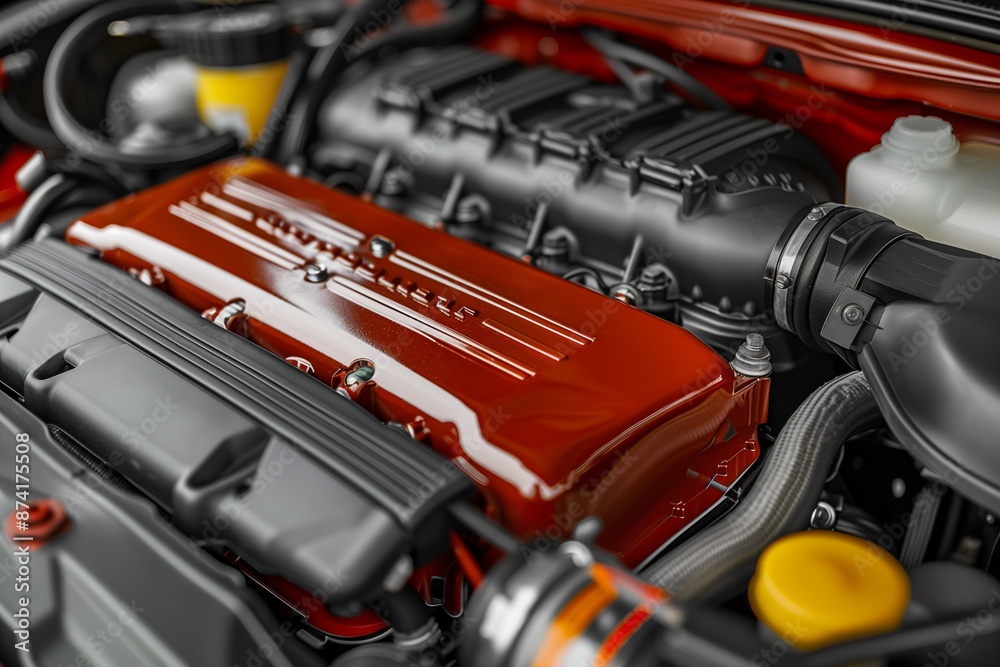 Close-up view of a powerful car engine with oil Close-up view of a powerful car engine with oil