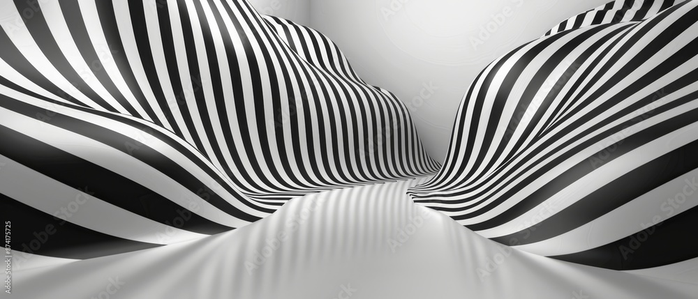 A black and white striped wave is shown in a white room A black and white striped wave is shown in a white room