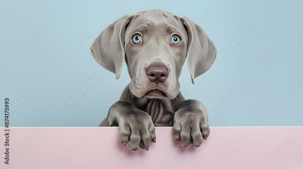 Cute grey Weimaraner with a curious expression peeking over the pastel blue and pink wall against a simple studio background. Cute grey Weimaraner with a curious expression peeking over the pastel blue and pink wall against a simple studio background.
