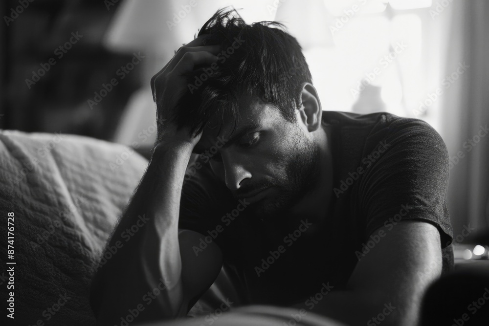 A person sitting on a couch, looking stressed or upset A person sitting on a couch, looking stressed or upset