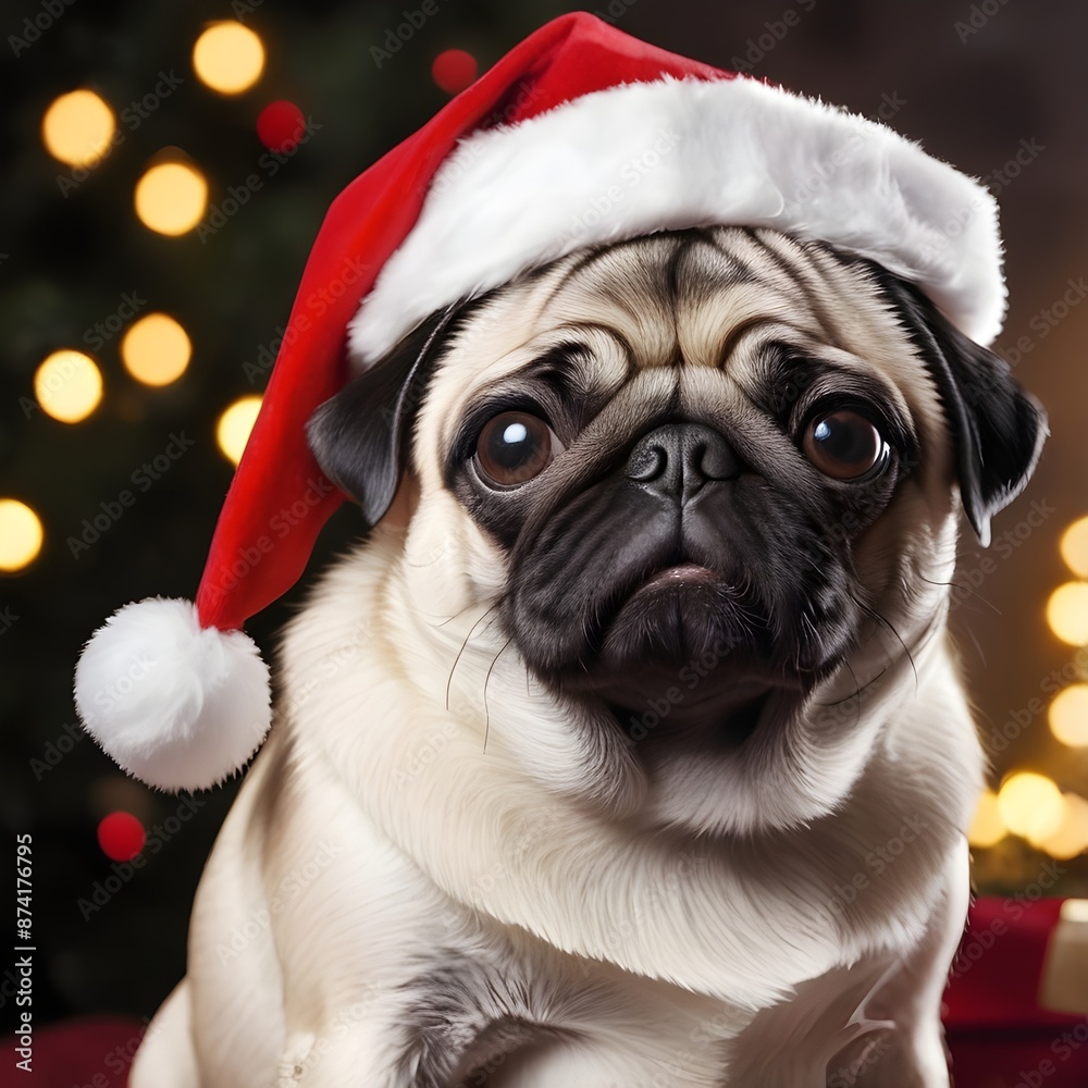 Cute pug dog in Santa Claus hat Cute pug dog in Santa Claus hat
