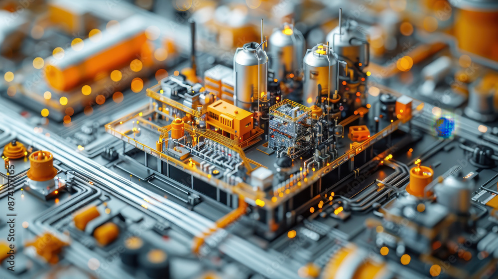 Intricate miniature cityscape resembling a circuit board, with detailed industrial structures and orange accents, representing technology and innovation Intricate miniature cityscape resembling a circuit board, with detailed industrial structures and orange accents, representing technology and innovation