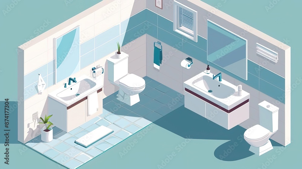 Isometric view of a modern bathroom with two sinks, toilets, and a shower. Isometric view of a modern bathroom with two sinks, toilets, and a shower.