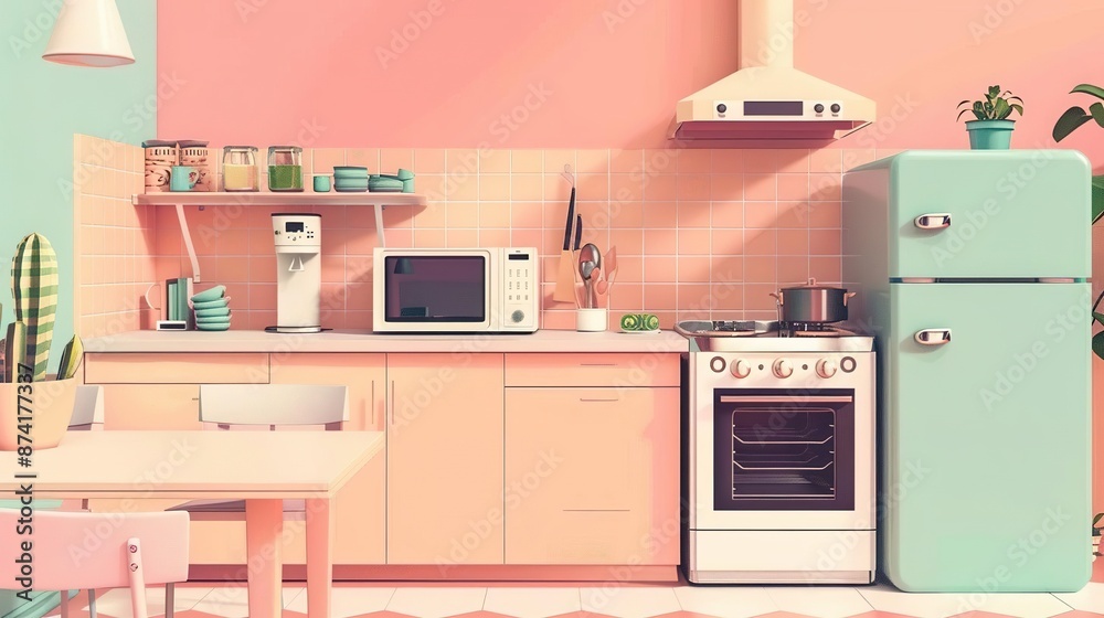 Isometric view of a modern kitchen with appliances, cabinets, and dining area. Isometric view of a modern kitchen with appliances, cabinets, and dining area.