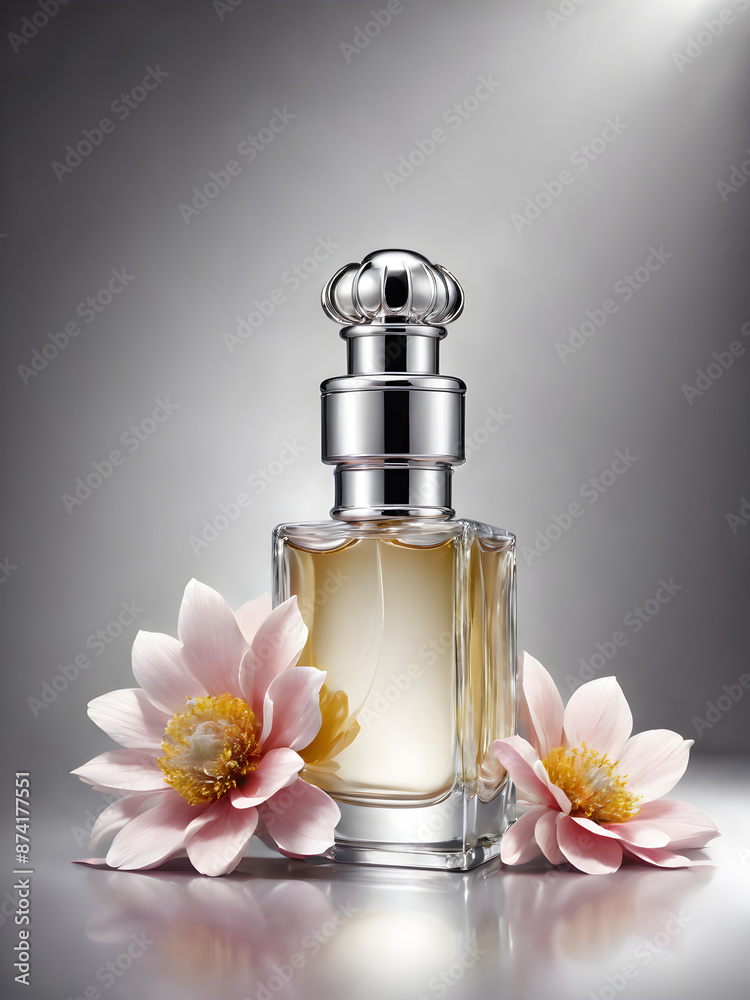 silver bottle of perfume with flower silver bottle of perfume with flower