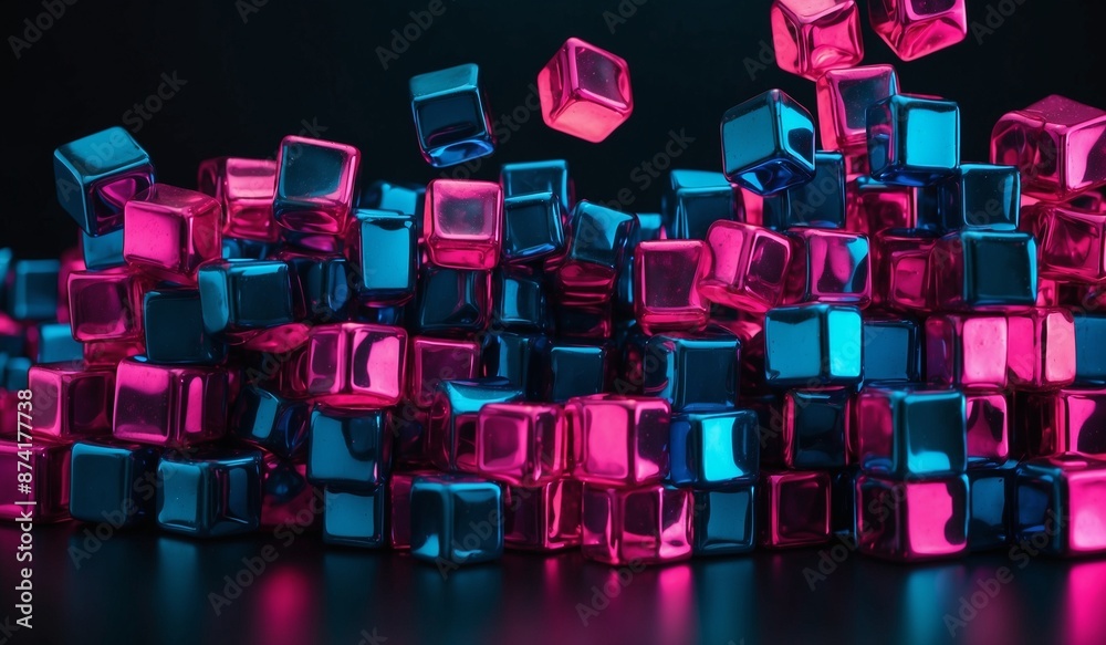 Pile of pink and blue metallic cubes on dark surface Pile of pink and blue metallic cubes on dark surface