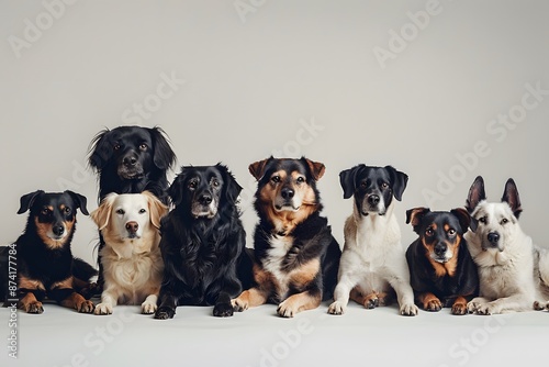 Group Portrait of Eight Adorable Dogs Sitting Together