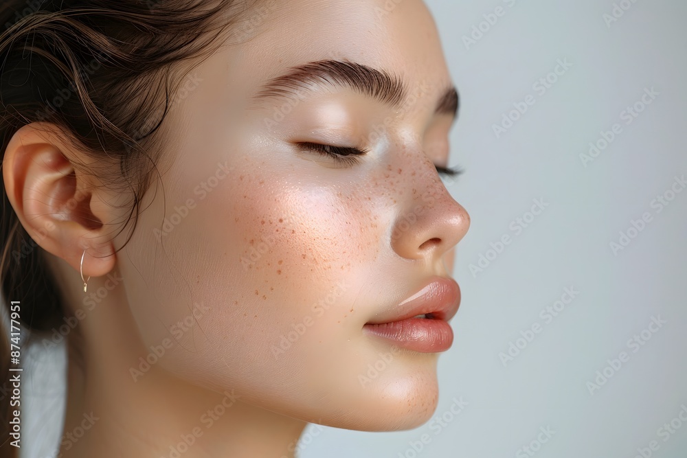 Serene Portrait of a Freckled Woman with Glowing Skin Serene Portrait of a Freckled Woman with Glowing Skin