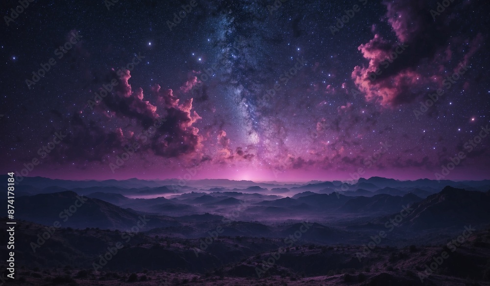 Dreamy purple night sky with stars and distant mountains. Dreamy purple night sky with stars and distant mountains.