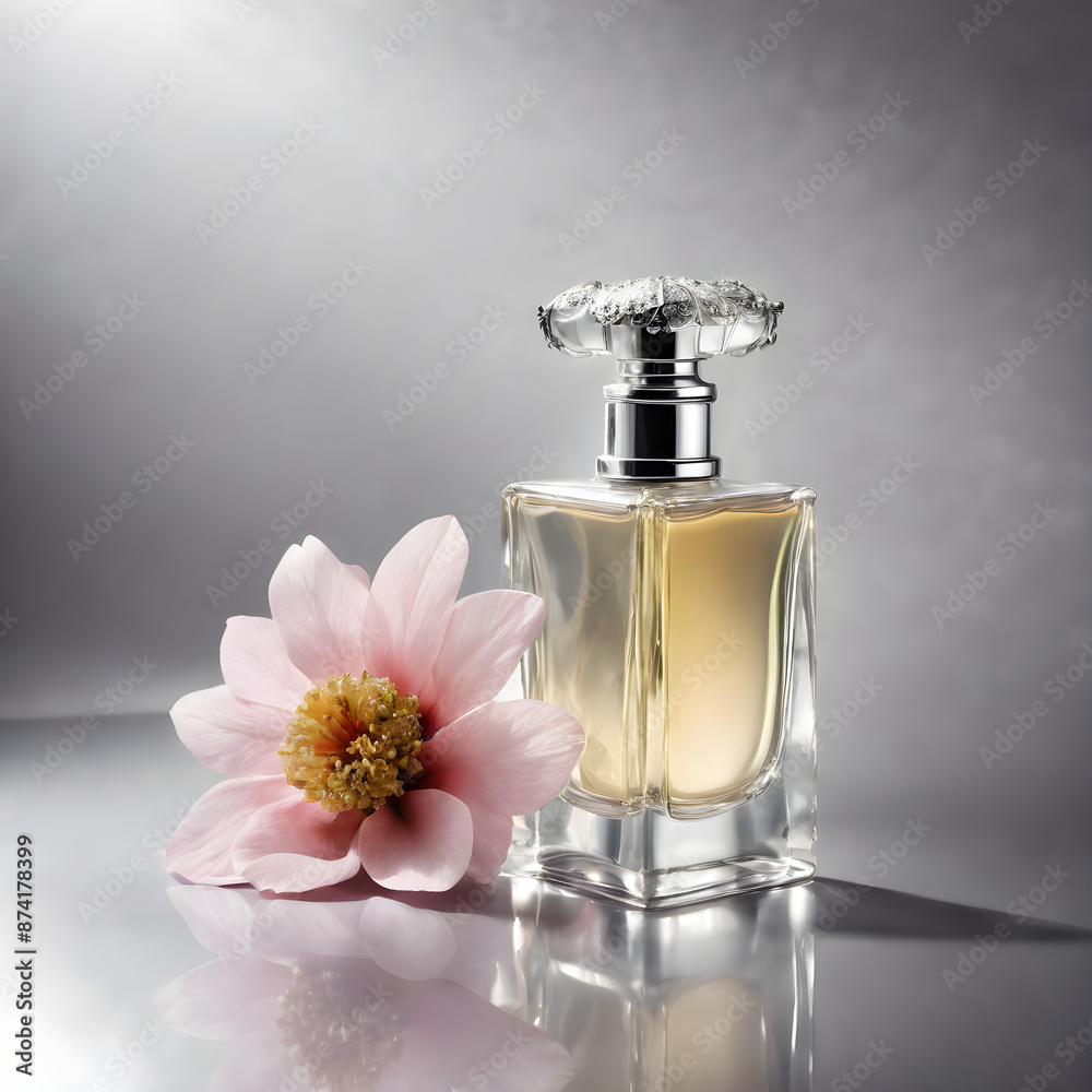 silver bottle of perfume with flower