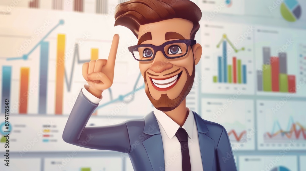 Smiling cartoon businessman pointing at financial chart and sales data analysis with a sense of accomplishment, reflecting successful stock market strategy and business planning. Smiling cartoon businessman pointing at financial chart and sales data analysis with a sense of accomplishment, reflecting successful stock market strategy and business planning.