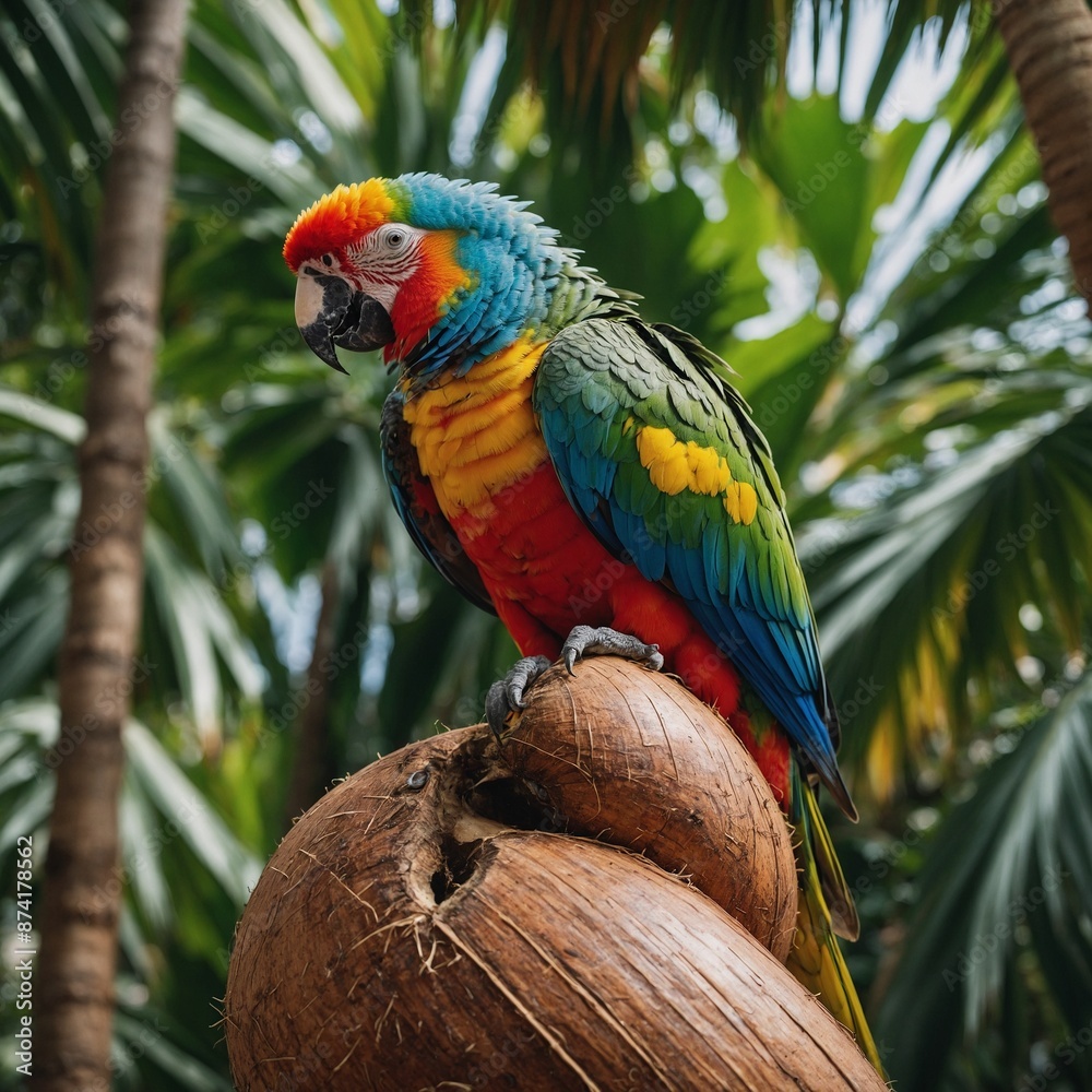 Naklejka premium A rainbow-colored parrot perched on a coconut in a tropical setting.