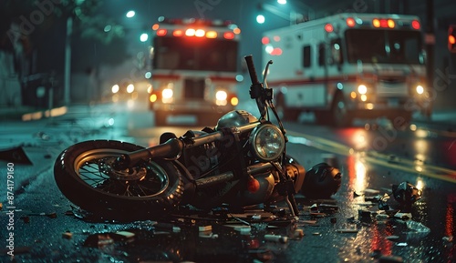 Broken motorcycle on the street after accident with ambulances in background
