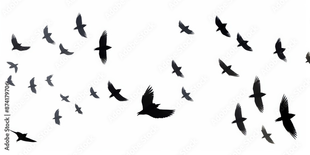 A flock of crows flies across a white background A flock of crows flies across a white background