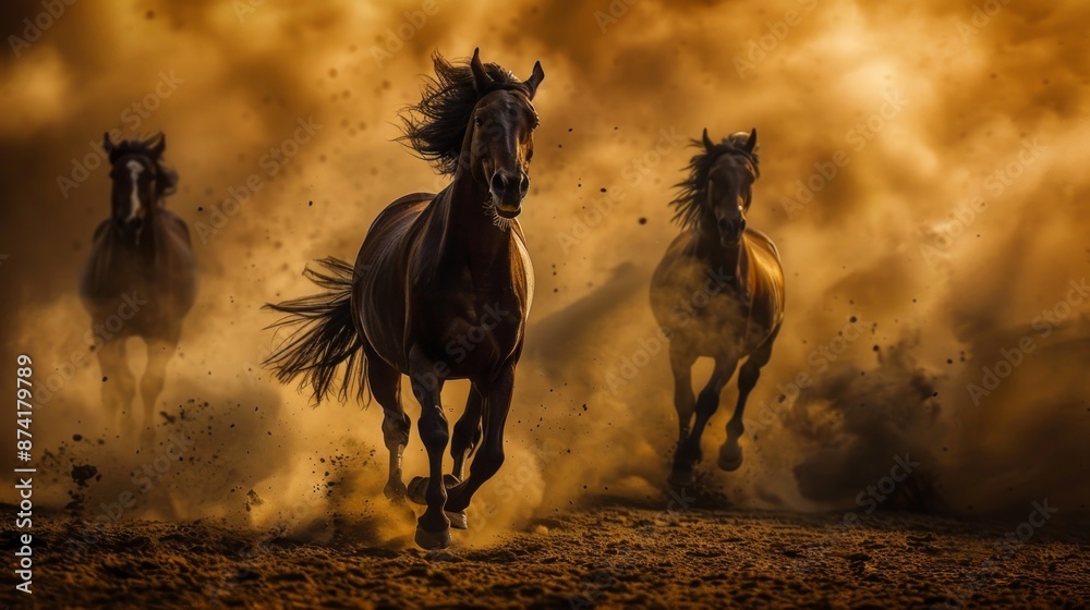 Naklejka premium Horses Running Through Dust