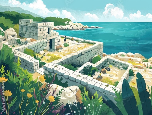 Colorful Minimalist Illustration of Punic Ruins of Kerkouane

 photo