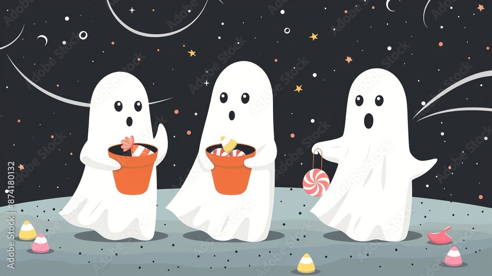 Three cute ghosts trick-or-treating on Halloween night. Three cute ghosts trick-or-treating on Halloween night.