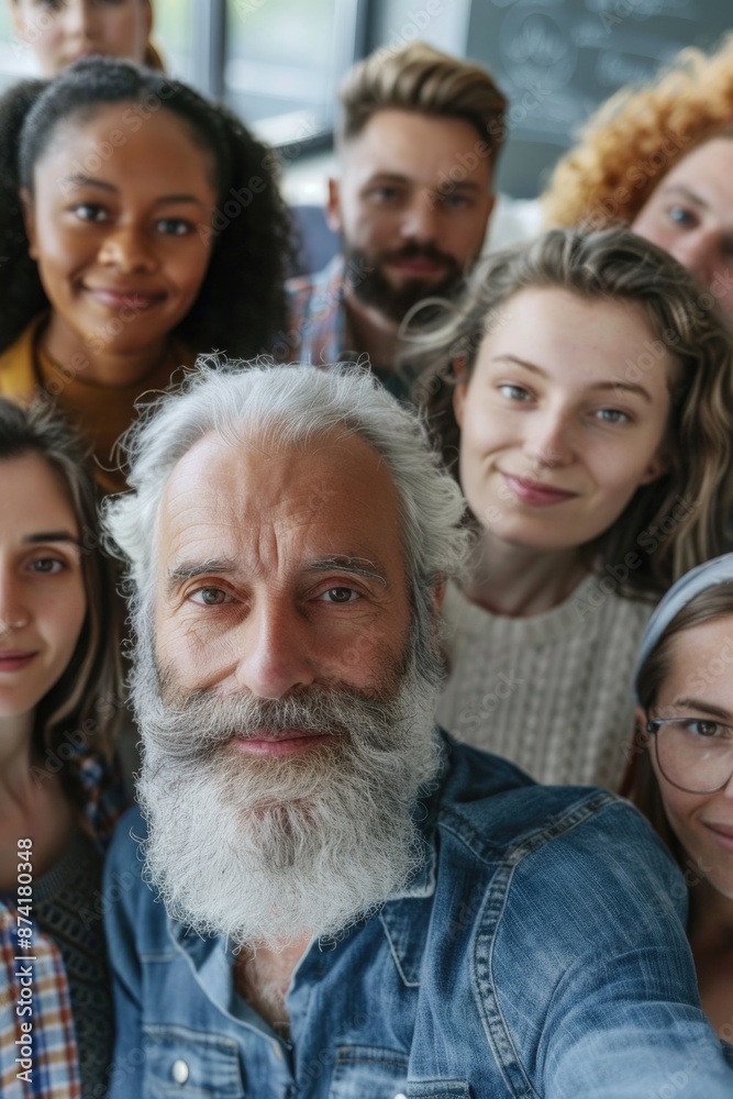 A group of people smiling and taking a selfie together A group of people smiling and taking a selfie together
