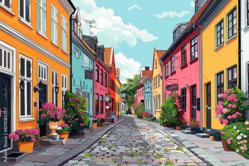 Obraz premium Colorful Minimalist Illustration of Street in Odense