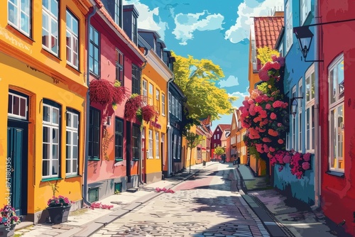 Colorful Minimalist Illustration of Street in Odense

