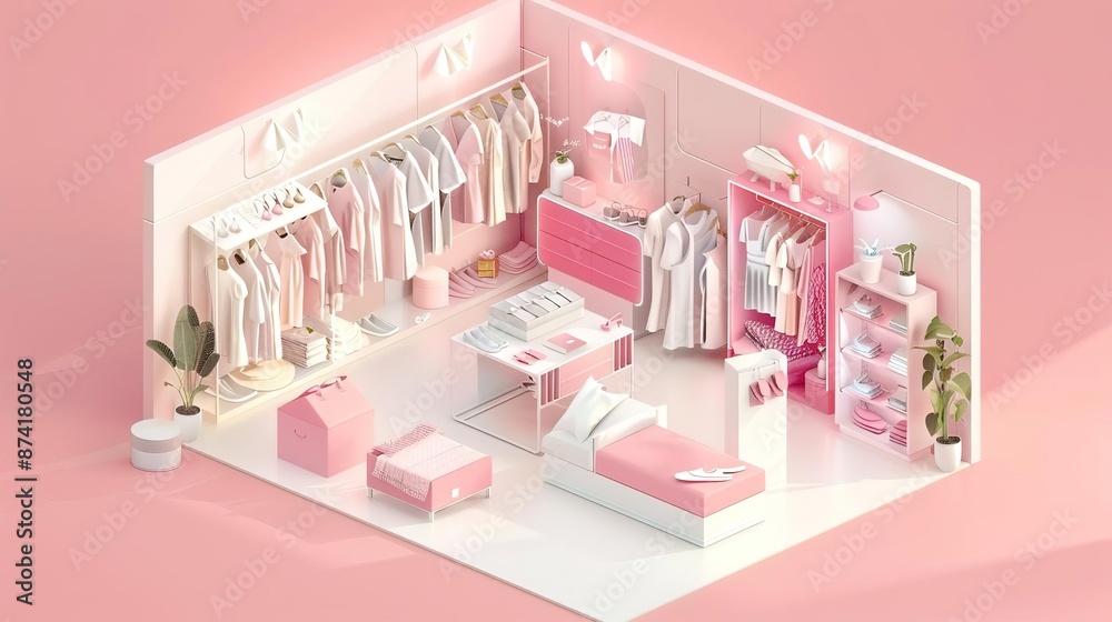 Isometric illustration of a women's clothing store with racks of clothing and accessories. Isometric illustration of a women's clothing store with racks of clothing and accessories.
