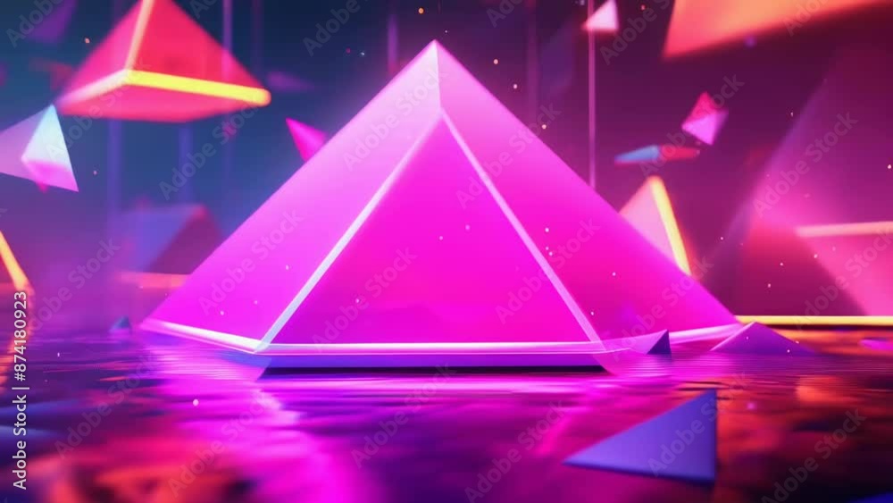 The image features vibrant neon geometric shapes, focusing on a glowing pyramid in the center. It is set against a dark background with reflective surfaces, displaying a surreal atmosphere. The image features vibrant neon geometric shapes, focusing on a glowing pyramid in the center. It is set against a dark background with reflective surfaces, displaying a surreal atmosphere.