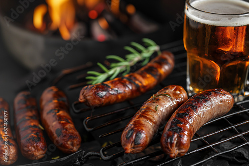 African Burevors sausages on weber grill and flame, rosmary, vegetables, garden background
