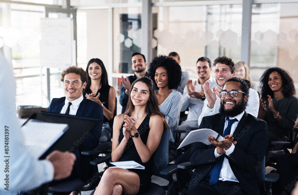 Business, people and applause for happy speech, presenter presentation and corporate training with professional. Support, career seminar and company conference with employees, clapping and crowd Business, people and applause for happy speech, presenter presentation and corporate training with professional. Support, career seminar and company conference with employees, clapping and crowd