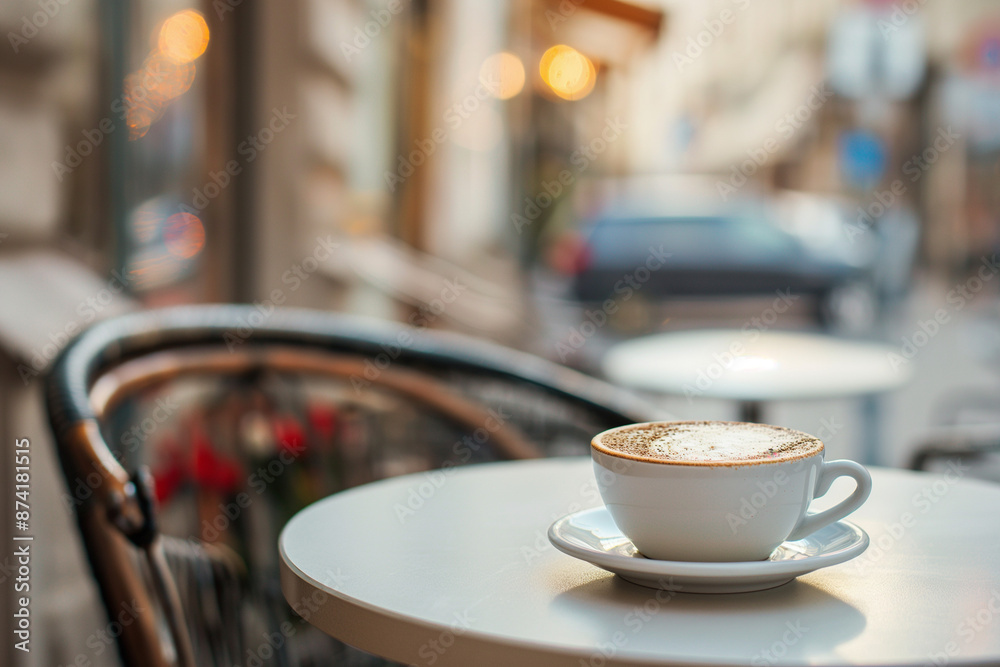 Cappuchino coffe on table, cruassant, street cafe background, front view, space for text, photo stocks Cappuchino coffe on table, cruassant, street cafe background, front view, space for text, photo stocks