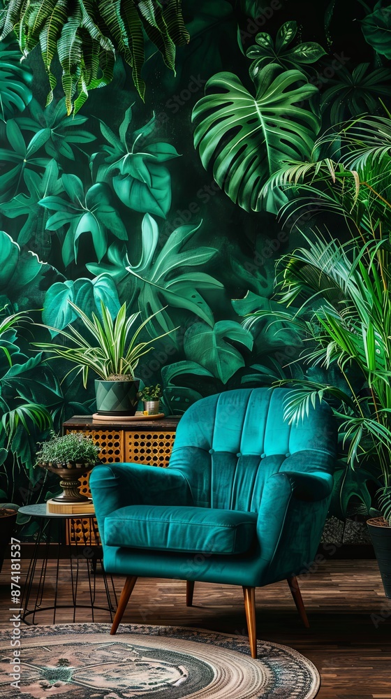 Fototapeta premium Chair and turquoise sofa in green living room interior with leaves wallpaper and table
