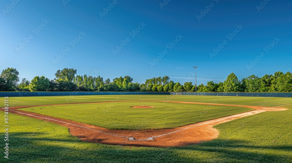 Fototapeta premium An empty baseball field under a clear blue sky, with green outfield and dirt infield, showcasing the tranquility of a sunny day on the diamond
