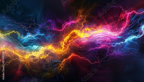 High-energy abstract design with vibrant electric currents intersecting and flowing across a dark surface, evoking a powerful electrical pulse.