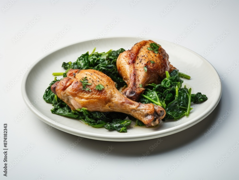 A simple white plate filled with cooked meat and fresh green vegetables A simple white plate filled with cooked meat and fresh green vegetables