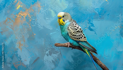A small green and yellow budgie perched on a branch, with a blurred blue background.