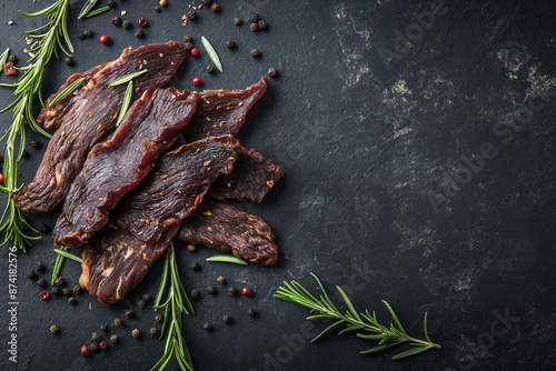 Dried meet, beef, jerky, Billtong, rosmary, black charcoal background photo