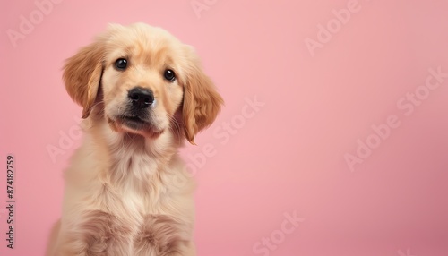 Adorable Golden Retriever puppy with big brown eyes looking at the camera on pink background. © Yasinton